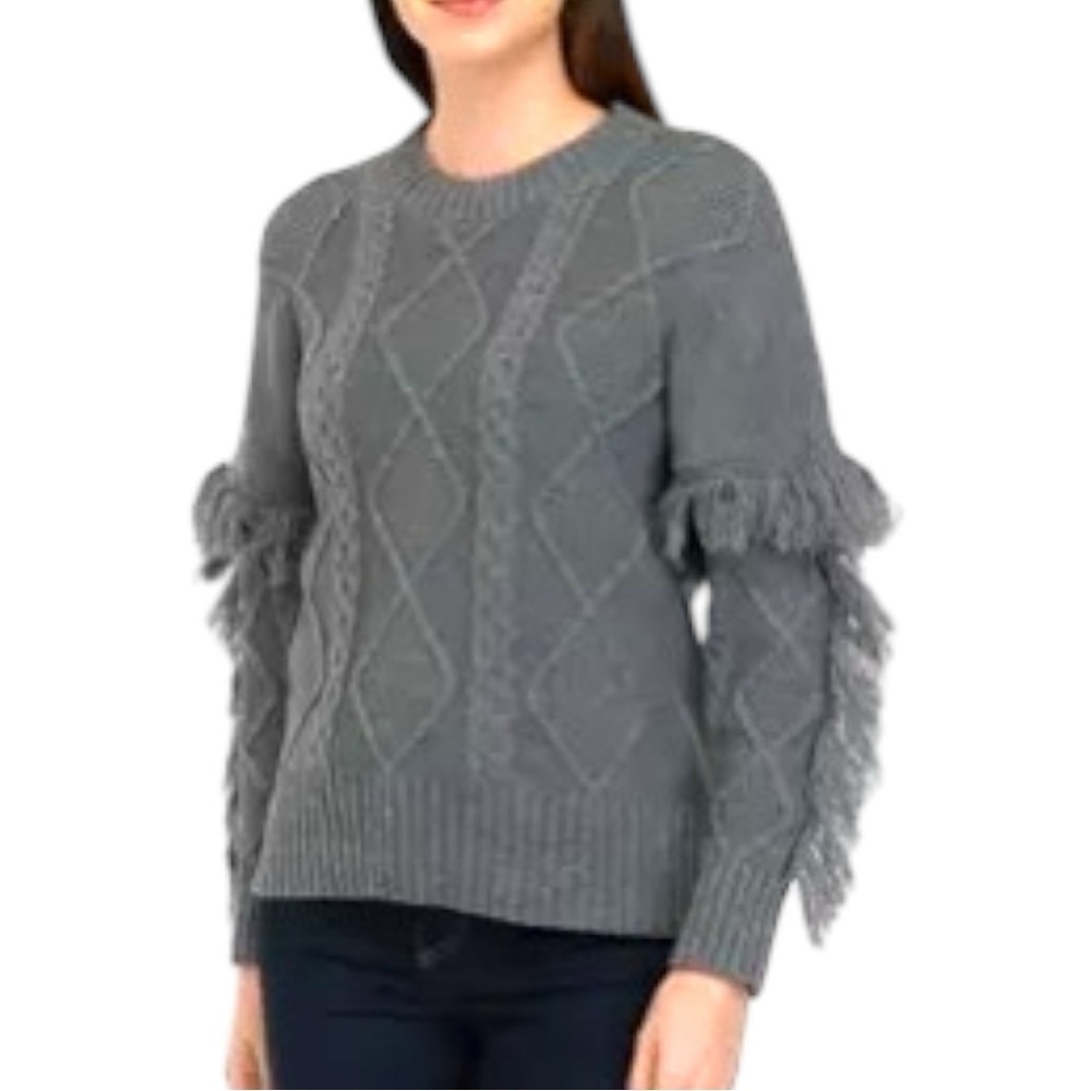 NWT 52seven Women's XL Gray Long Sleeve Cable Pullover Sweater with Fringe